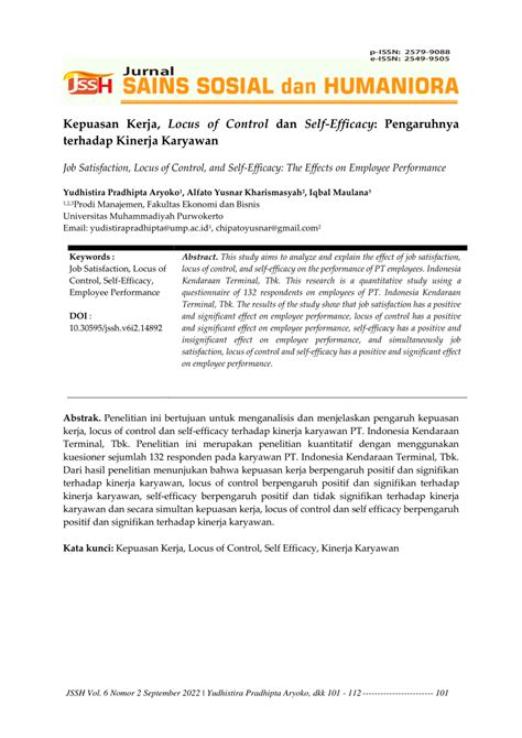 Pdf Kepuasan Kerja Locus Of Control Dan Self Efficacy Pengaruhnya