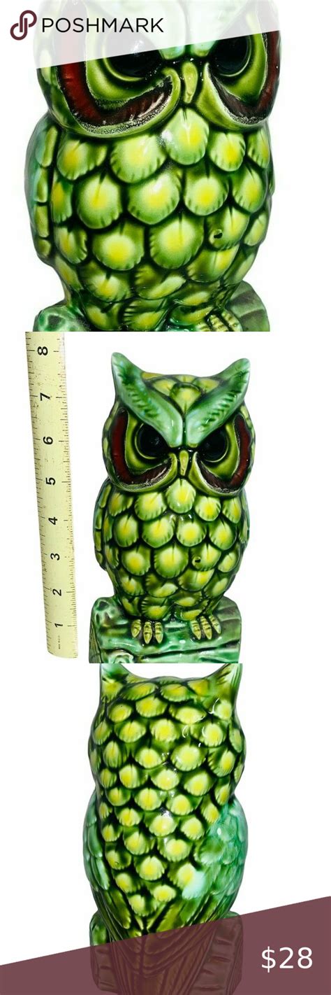 Mcm Ceramic Owl On A Log Green Glazed Figurine