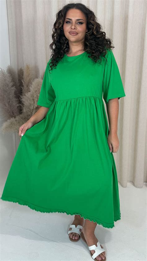 Curvewow Lettuce Hem Smock Midi Dress Green Curvewow