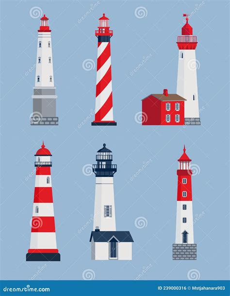 Lighthouses In Different Styles Vector Cartoon Illustrations Set