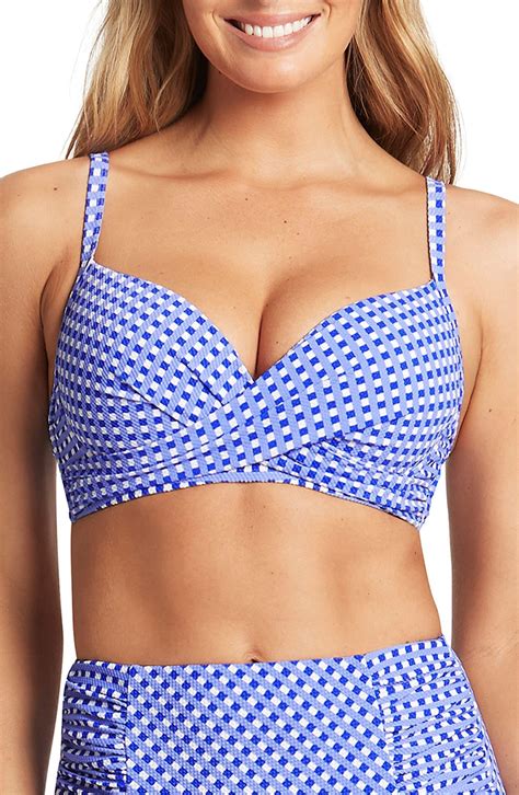 Sea Level Checkmate Cross Front Molded Underwire Bikini Top In Blue Lyst