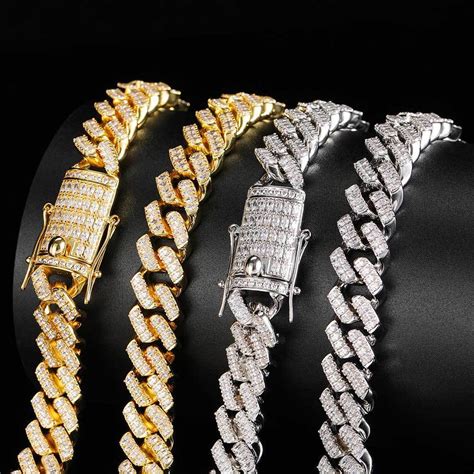 Men Hip Hop Prong Cuban Link Chain Necklace Bling Iced Out 2 Row