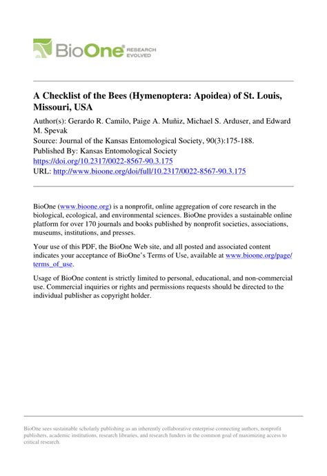 PDF A Checklist Of The Bees Hymenoptera Apoidea Of St Louis