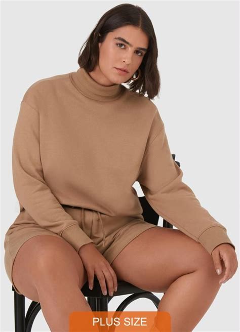 Malwee Plus Blusão Moletom Soft Plus Size Feminino Bege Plus size