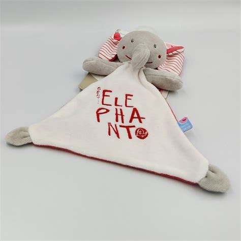 Doudou plat éléphant blanc gris rouge SUCRE D ORGE