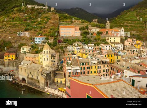 Panoramic Aerial View Of Vernazza Fishing Village At Sunset Seascape