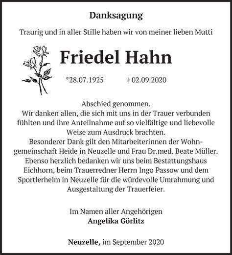 Traueranzeigen Von Friedel Hahn M Rkische Onlinezeitung Trauerportal