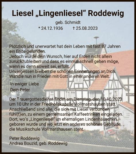 Traueranzeigen Von Liesel Roddewig Trauer HNA De