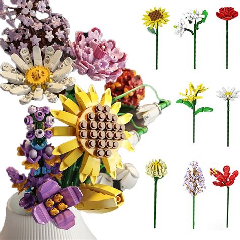 Moc Flower Bouquets Plants Building Blocks Sunflower Rose Daffodil