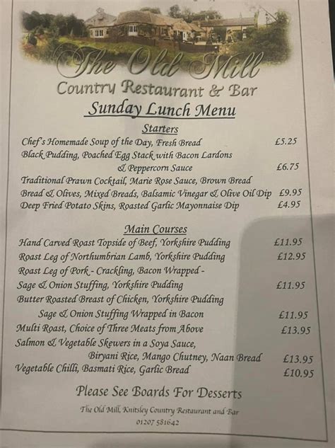 Menus The Old Mill Knitsley