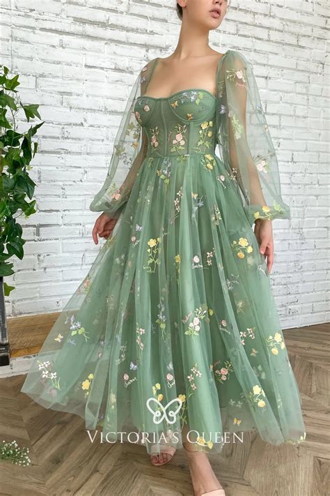 Fairy Colorful Floral Lace Sage Green Semi Formal Dress Vq