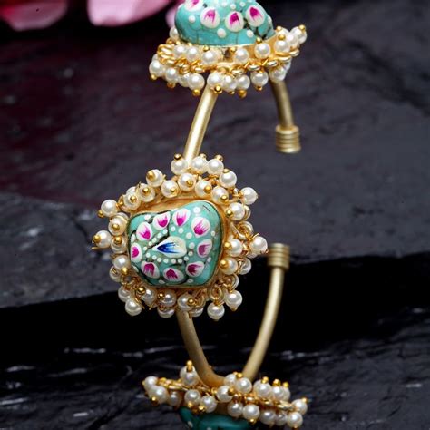 Moedbuille Handpainted Meenakari Work Turquoise Stone Pearls Studded