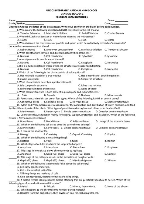 General Biology 1ST Q EXAM Remedial UNGOS INTEGRATED NATIONAL HIGH