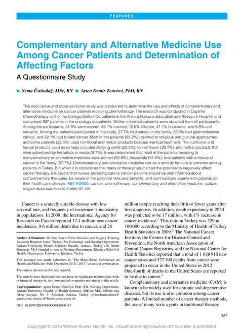 Pdf Complementary And Alternative Medicine Use Among Cancer Patients And Determination Of