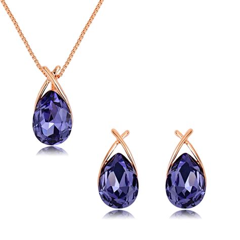 Buy Rose Gold Plated Purple Necklace And Earring Set With Low Cost