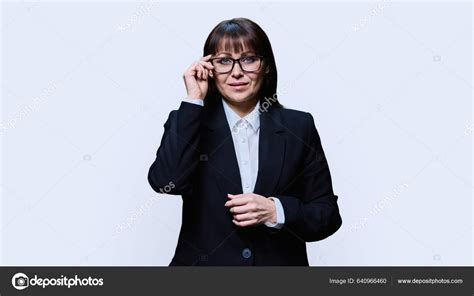 Portrait Confident Mature Business Woman Black Suit Light Studio
