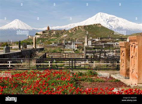 Armenian Cemetery With The Two Peaks Of The Mount Ararat In The