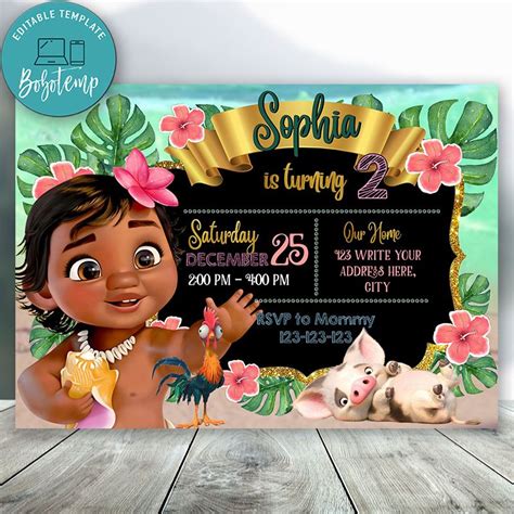 Editable Disney Princess Baby Moana cumpleaños invitación DIY