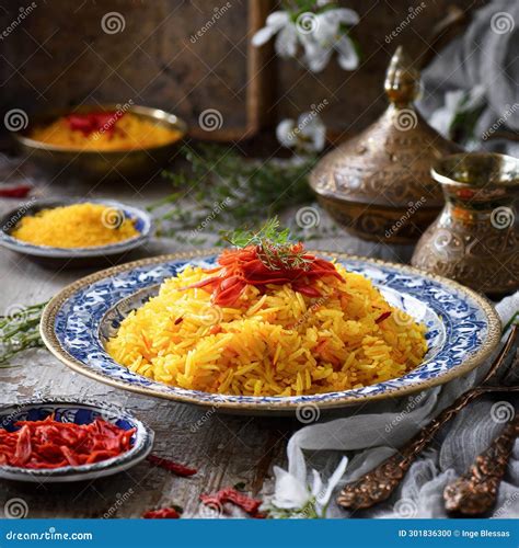 A Plate Of Persian Saffron Rice Stock Illustration Illustration Of