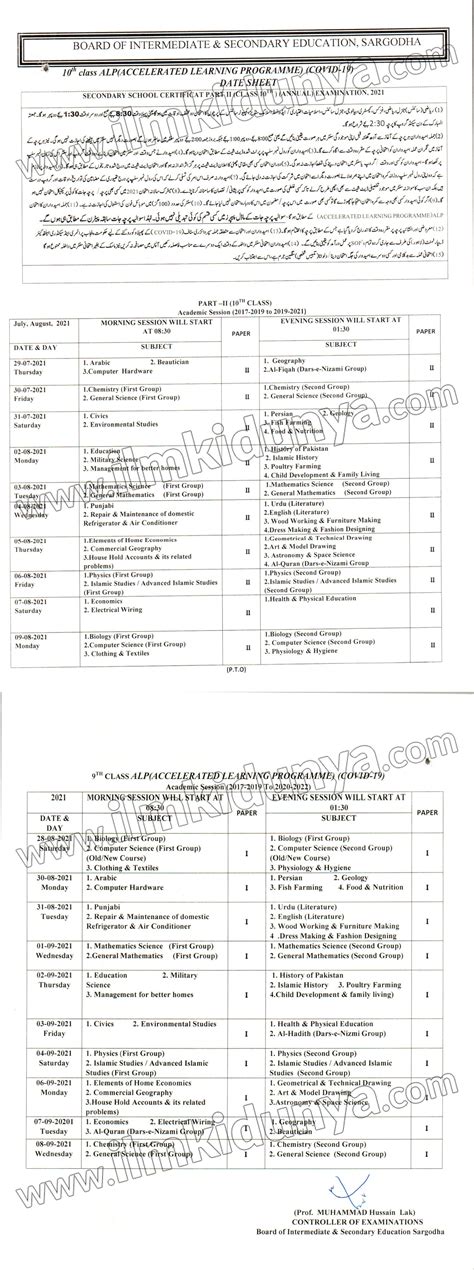 Bise Sargodha Board Matric Part 1 Date Sheet 2023