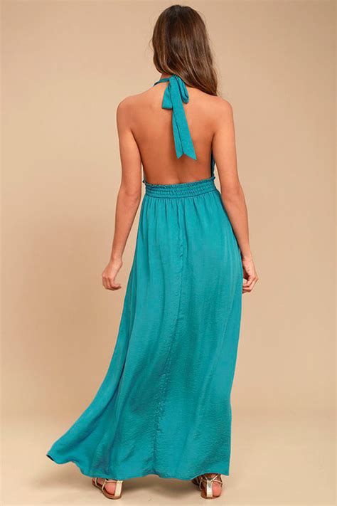 Lovely Teal Blue Dress Maxi Dress Satin Dress Halter Dress 59 00