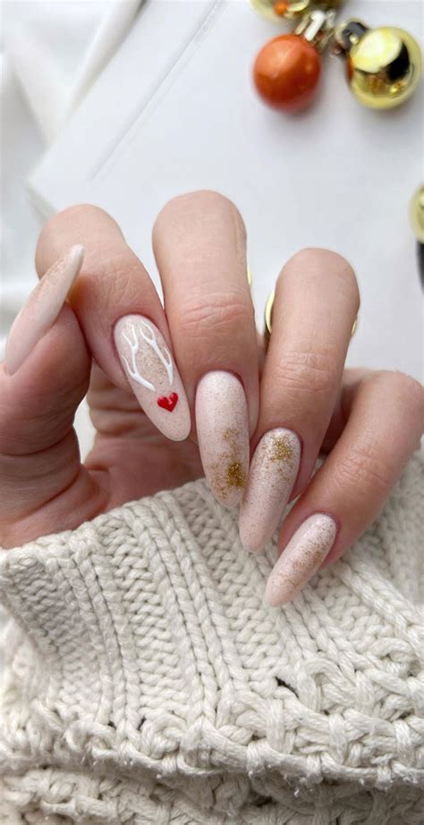 Glam Festive Christmas Nail Art Ideas Reindeer Nude Almond Nails