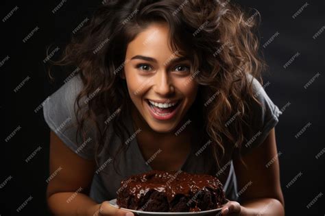 Premium Photo Woman Making A Happy Grimace Eats Tasty Chocolate Cake