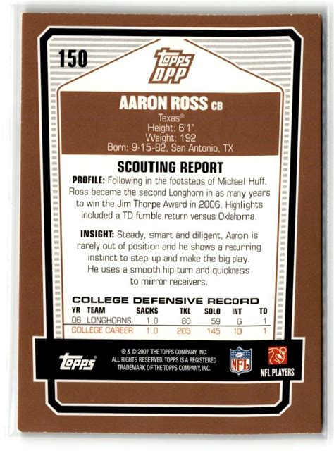 2007 Topps Draft Picks And Prospects DPP 150 Aaron Ross RC For