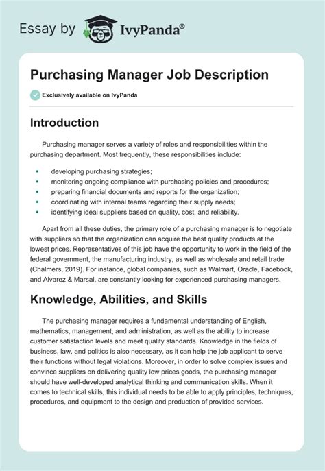 Purchasing Manager Job Description Words Essay Example