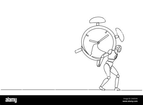 Continuous One Line Drawing Robots Standing And Carry Heavy Huge Alarm