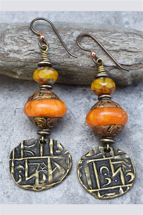 Ethnic And Exotic Tibetan Amber And Brass Coin Dangle Earrings