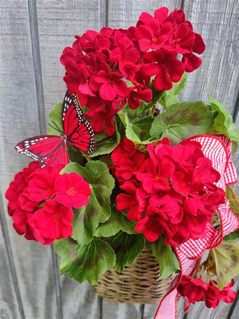 Front Door Red Geraniums Hanging Basket With Red and White | Etsy