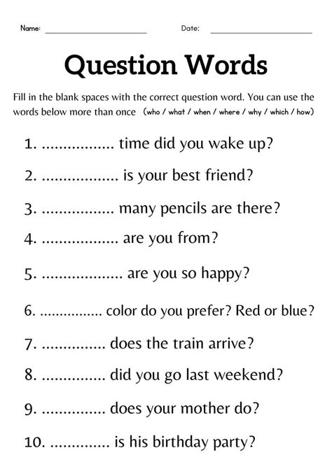 Wh Questions Worksheet For Kids Grade 1 And 2 English Worksheets For