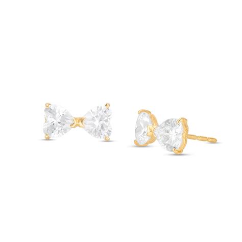 Heart Shaped Cubic Zirconia Bow Stud Earrings In 14K Gold Banter