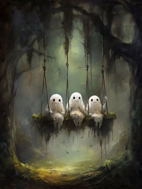 An Oil Painting Of Three Cute Ghosts On A Swing Halloween Artwork