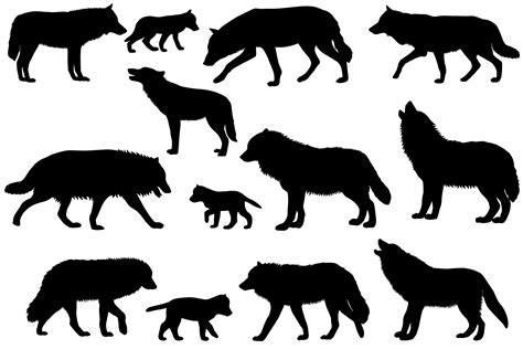 Silhouettes of wolves and wolf-cubs