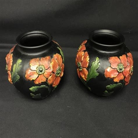 Sold At Auction Pair Of Tiffin Black Satin Glass Poppy Vases