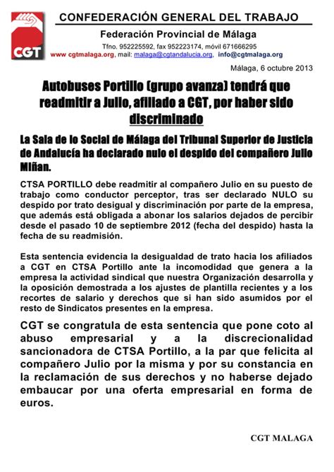 Autobuses Portillo Tendr Que Readmitir A Julio Afiliado A Cgt Pdf