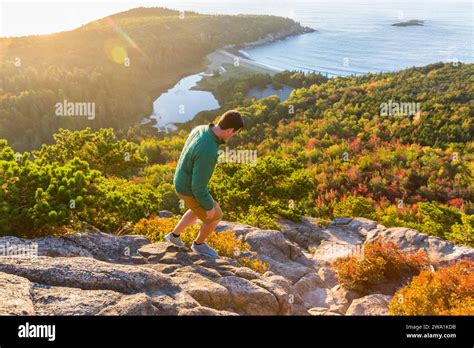 Man Hiking Along Beehive Trail Acadia National Park Maine Usa Stock