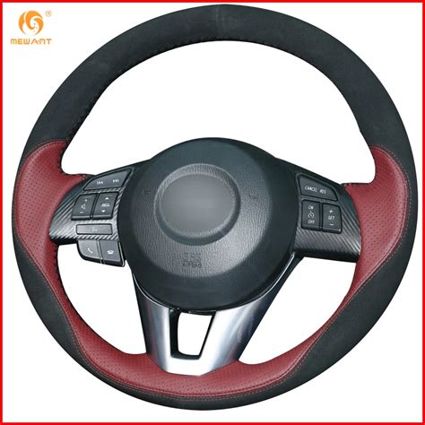 Mewant Wine Red Leather Black Suede Steering Wheel Cover For Mazda