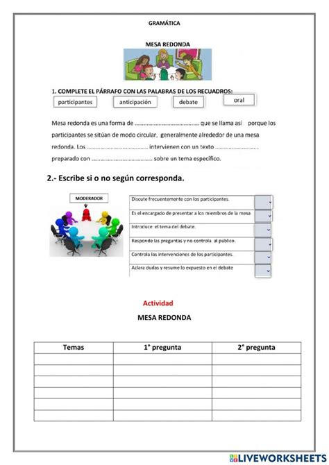 Mesa Redonda Online Worksheet Clases De Oraciones Actividades Para