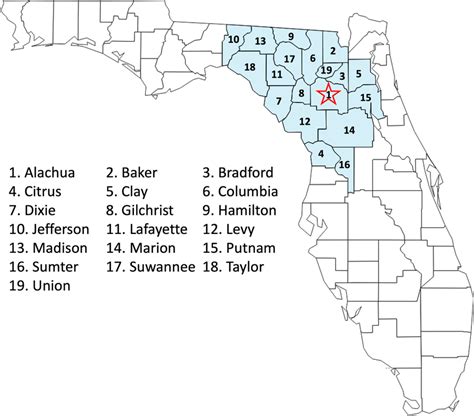 Counties in the study area in north‐central Florida. The 19 counties in ...