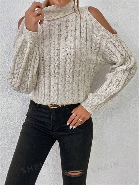 Shein Essnce Turtleneck Cold Shoulder Cable Knit Sweater Shein Usa