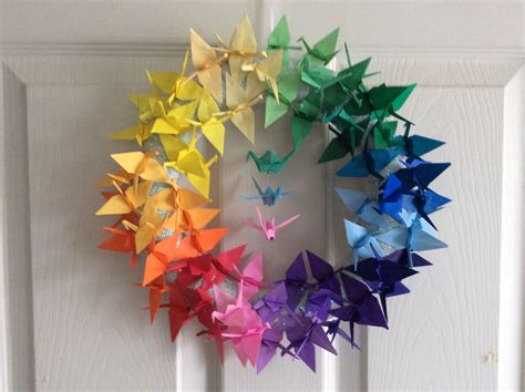 Rainbow Origami Crane Wreath Tsuru Arte De Origami Trabalhos Em Papel