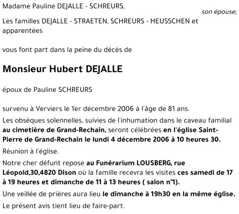 Avis de décès de Hubert DEJALLE décédé le 01 12 2006 à Verviers