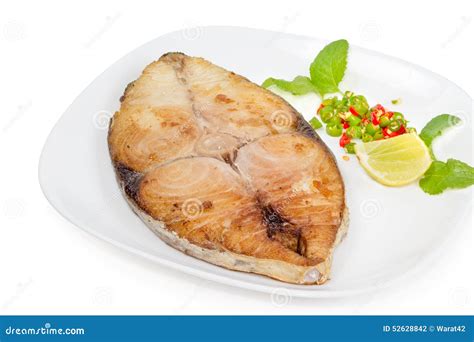 King Mackerel Steak On Wood Backgroundfried Fish Royalty Free Stock