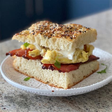 Focaccia Breakfast Sandwich With Bacon And Egg | Sip Bite Go