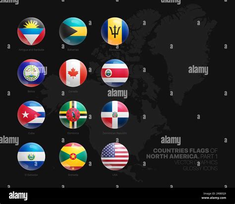 North America Countries Flags Round Glossy Icons Set On Black