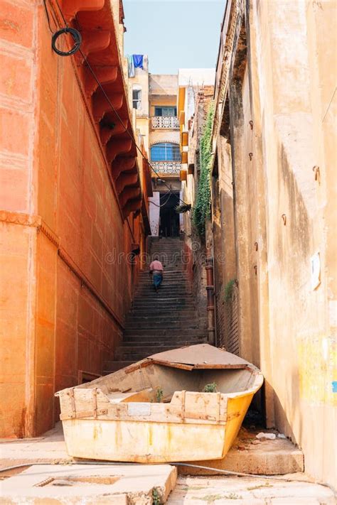 Old Colorful Buildings And Ganges River Ghat Street In Varanasi India