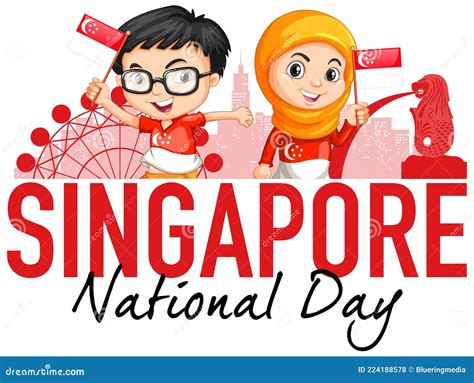 Singapore National Day with Children Hold Singapore Flag Cartoon ...